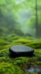 A smooth black stone rests on lush green moss in a serene, misty forest environment.