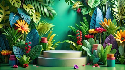 Fototapeta premium 3D Papercraft Jungle Podium for Product Placement - Summer Tropical Scene