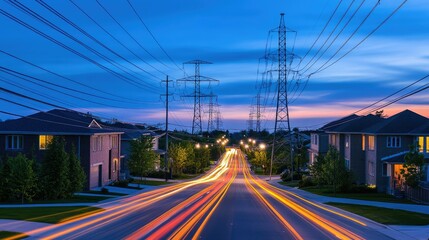 Fototapeta premium A high-angle view of a street lined with electric poles, captured at dusk with the lights on