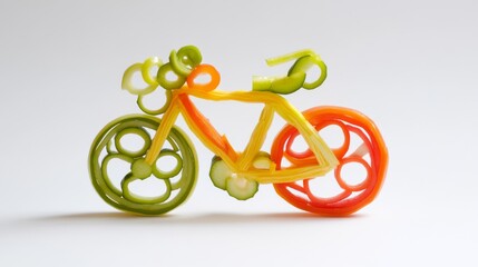 clever vegetable bicycle assembly, scarlet tomato discs, emerald onion tubes, jade cucumber curve, amber mushroom highlight, multicolored pepper flourish, gourmet food art, immaculate presentation,