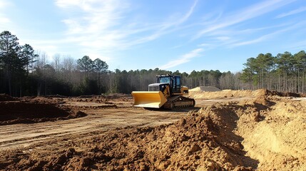 Fototapeta premium Heavy Construction Equipment: Large Yellow Bulldozer Operating on Mounds of Dirt