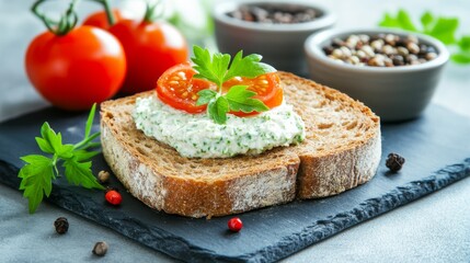 healthy wholemeal bread, creamy green spread, plump tomatoes, earthenware bowls, slate platter, fresh herbs, multicolored peppercorns, nutritious meal setup, soft side lighting, focus on bread crust