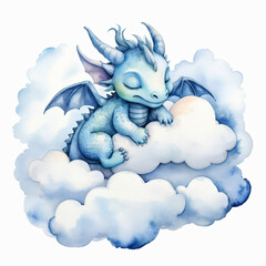 A blue dragon sleeps peacefully on fluffy clouds in a watercolor dream.