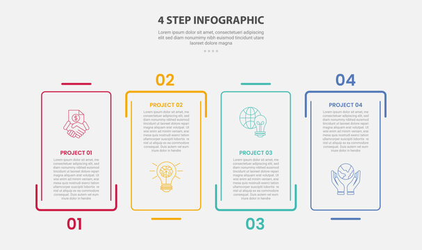 4 points template infographic outline style with 4 point step template with creative rectangle box with separated line up and down for slide presentation