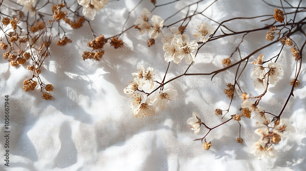 Poster cherry blossom branches casting shadows on soft fabric surface : generative ai
