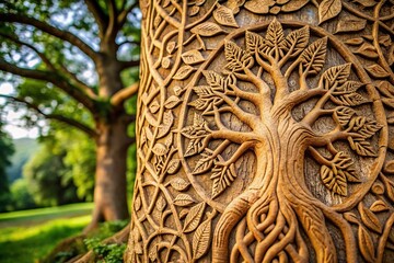 A tree with intricate carvings and patterns on its bark, representing the interconnectedness of all living things, natural, symbiotic, ecosystem, verdant