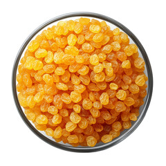 Raisins in wooden bowl top view isolate on white background