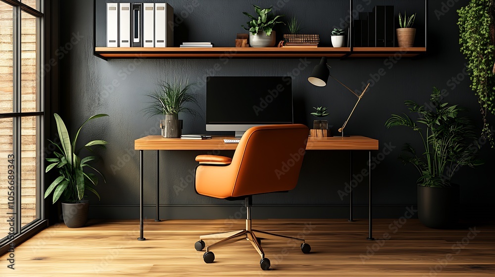 Poster elegant home office with natural light and vibrant greenery creating a modern workspace : generative