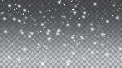 Realistic falling snowfall shining snowflakes background vector. Snow falling on dark transparent background.