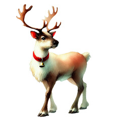 AI-generated image of a graceful reindeer with large antlers, wearing a red collar with a bell, isolated on white background with clipping path.