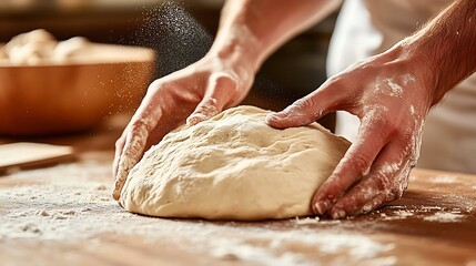 Obraz premium Hands Kneading Fresh Dough on Floured Surface for Homemade Bread Baking : Generative AI