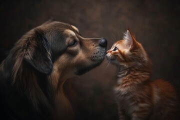 Cute dog and cat on dark background, close-up.