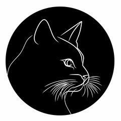 minimalistic black and white cat illustration, showing a side profile of a cat's face with fine, smooth lines for details, set within a circular black background.