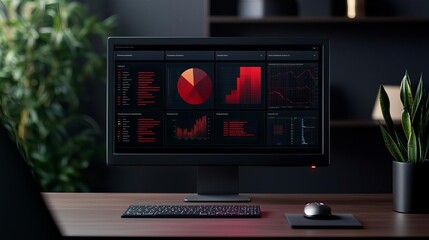 Digital dashboard displaying complex supply chain metrics, global connections, colorful data visualization, modern office setup, professional lighting