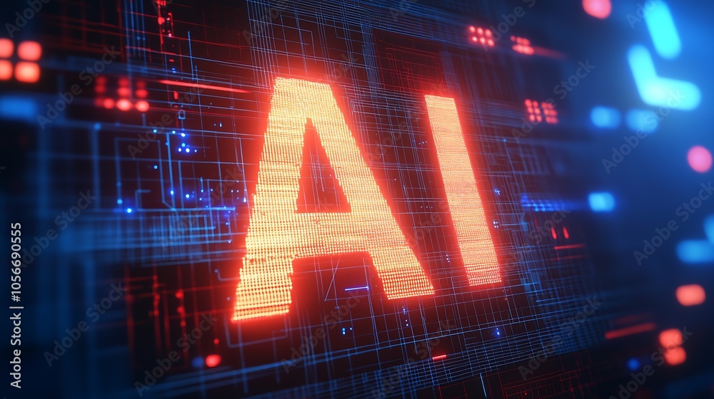 Poster Futuristic Red AI Digital Interface with Cyber Technology Visualization : Generative AI
