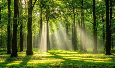 Obraz premium Sunbeams Through Trees in a Green Forest, Peaceful Nature Scene