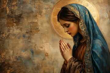 Catholic icon of the Virgin Mary. Hands in prayer. A plot from the Bible. Oil, watercolor, canvas.