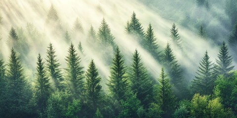 Fototapeta premium Misty forest with sunlight filtering through trees.