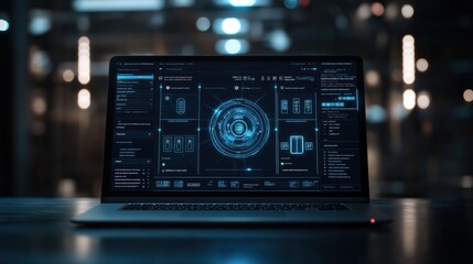 Obraz premium In a dim workspace, a laptop displays a vivid interface highlighting a locked padlock symbol, symbolizing strong cybersecurity measures and data protection in the digital age.