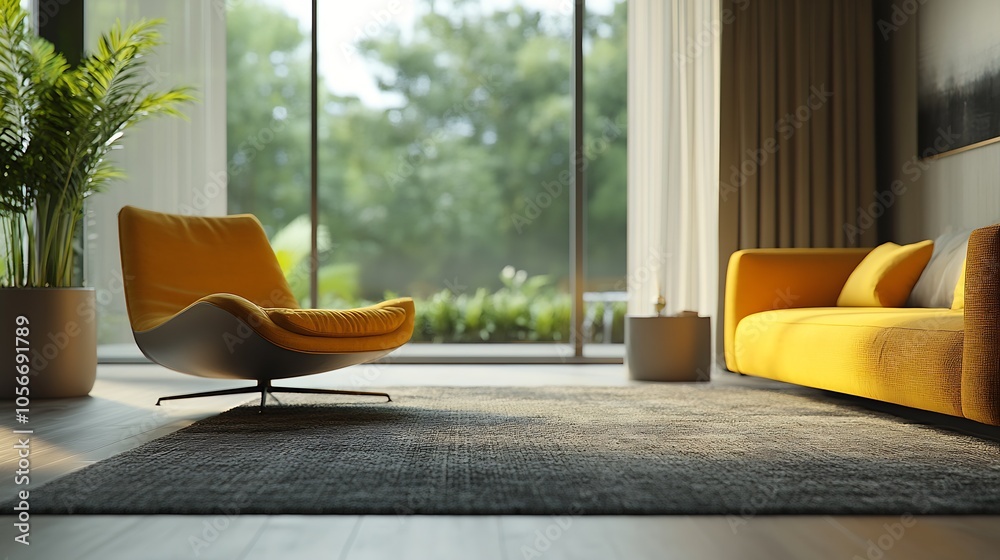 Poster bright and minimalistic sitting area with yellow armchair and sofa overlooking lush green views : ge