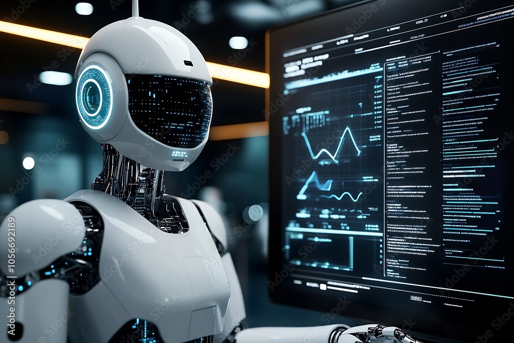 Leinwandbilder Futuristic Robot Analyzing Data on a High-Tech Screen in Modern Laboratory : Generative AI