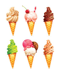 Variety of ice cream cones featuring scoops, swirls, and colorful toppings. Vector cartoon illustration