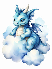 A blue dragon sleeps peacefully on fluffy clouds in a watercolor dream.