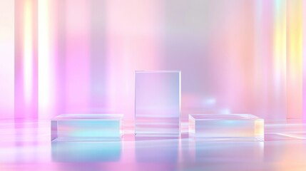 Abstract surreal scene featuring an empty stage with three clear glass rectangular prism podiums against a pastel neon holographic background ideal for displaying cosmetic product packaging mockup