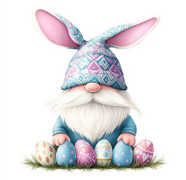 Cute Easter gnome with bunny ears and pastel eggs on grass in a cheerful spring setting