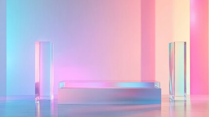Abstract surreal scene featuring an empty stage with three clear glass rectangular prism podiums against a pastel neon holographic background ideal for displaying cosmetic product packaging mockup