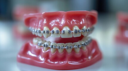 Obraz premium Orthodontic model featuring dental tools close up of a teeth demonstration with ceramic braces on artificial jaws