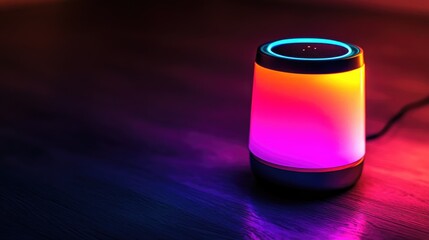 A colorful illuminated smart speaker set against a dark background highlighting contemporary technology with its vibrant light features