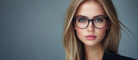 Fototapeta premium Confident Young Business Woman With Glasses On A Gray Background Portrait Of A Beautiful Girl Looking Into The Camera