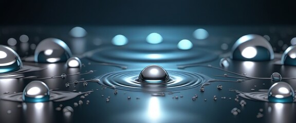 Futuristic water droplets creating ripples on a smooth metallic surface