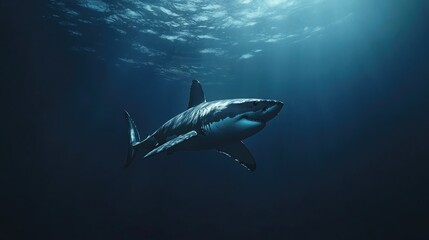 Fototapeta premium Majestic Great White Shark Gracefully Swimming Through Deep Ocean Waters
