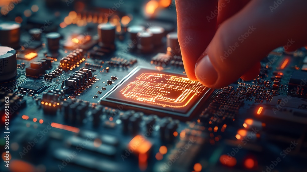 Leinwandbilder close up of hand installing microchip on circuit board technology concept : generative ai