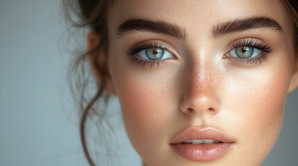 Fototapeta premium Closeup Portrait of Woman with Freckles Blue Eyes and Natural Beauty Makeup : Generative AI