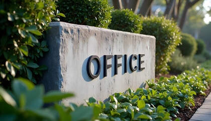 Modern stone office sign beside trimmed bushes in lush garden with soft morning light
