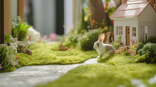 A cute minilop rabbit nestled comfortably on a lush green lawn, with its soft, floppy ears and fluffy coat creating an adorable sight. To the right side of the scene, a charming little home 
