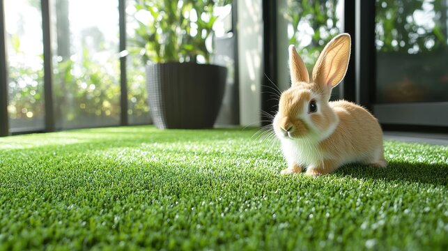 A cute minilop rabbit nestled comfortably on a lush green lawn, with its soft, floppy ears and fluffy coat creating an adorable sight. To the right side of the scene, a charming little home 