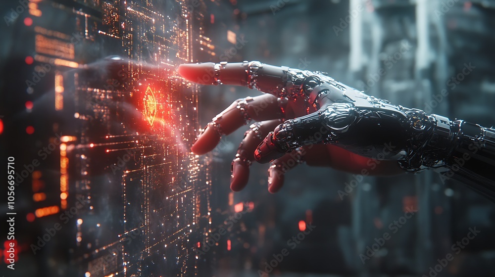 Poster Futuristic robotic hand interface interacting with digital holographic data display : Generative AI