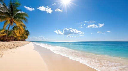 Beautiful beach with palm trees and a clear blue ocean. The sun is shining brightly, creating a warm and inviting atmosphere. The beach is empty, allowing for a peaceful and relaxing experience