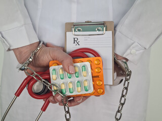 pills in hand are handcuffed, medical gloves. illegally sell prescription drugs. pharmacist...