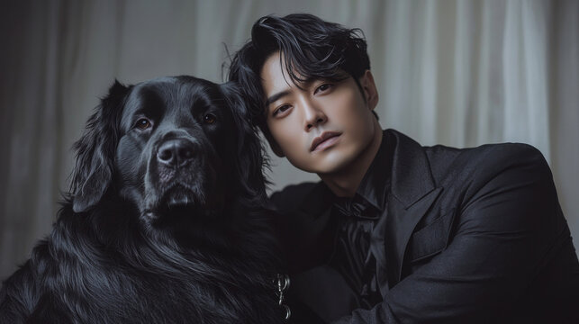 Man in Black Suit Posing With His Black Dog