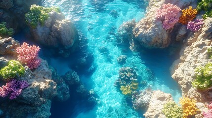 Naklejka premium An aerial view of a vibrant coral reef in a crystal clear tropical ocean.