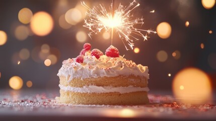 A delectable cake topped with a sparkler ideal for celebrations and festive events set against a lively background