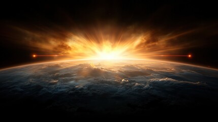 Bright sun is rising over a planet with a dark sky. The sun is surrounded by a cloud of smoke and the sky is filled with stars