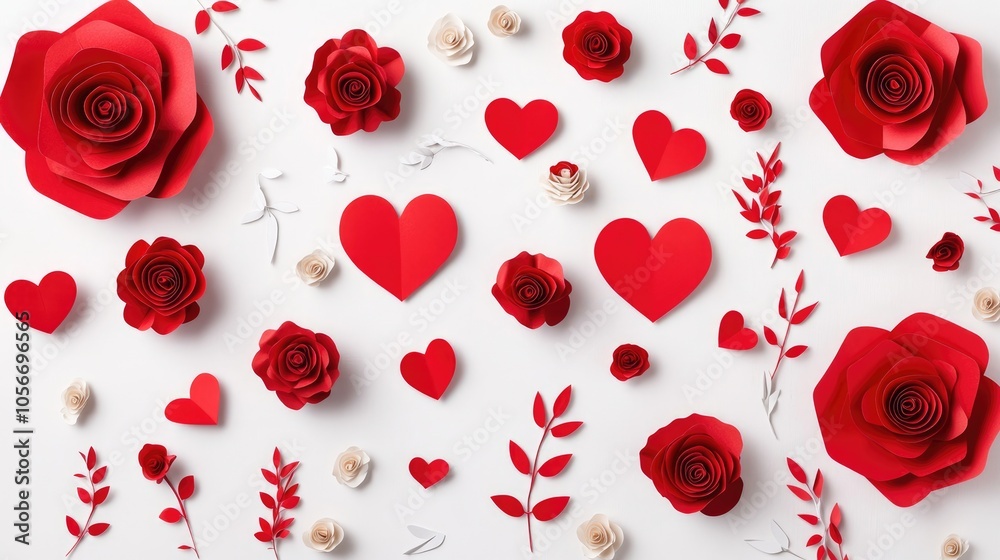 Wall mural festive background featuring red paper hearts and rose flowers perfect for valentine s day or mother