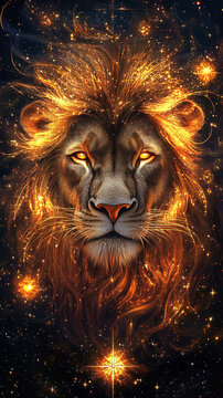 sign of the zodiac leo - portrait of a lion in a colorful universe with some galaxies and stars, leo sign with stars on black background. Zodiac signs, stars and horoscop