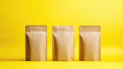 Brown kraft paper doypack bags featuring groceries are displayed from the front against a yellow backdrop Ideal mock up for food and goods packaging with transparent windows for weighing products
